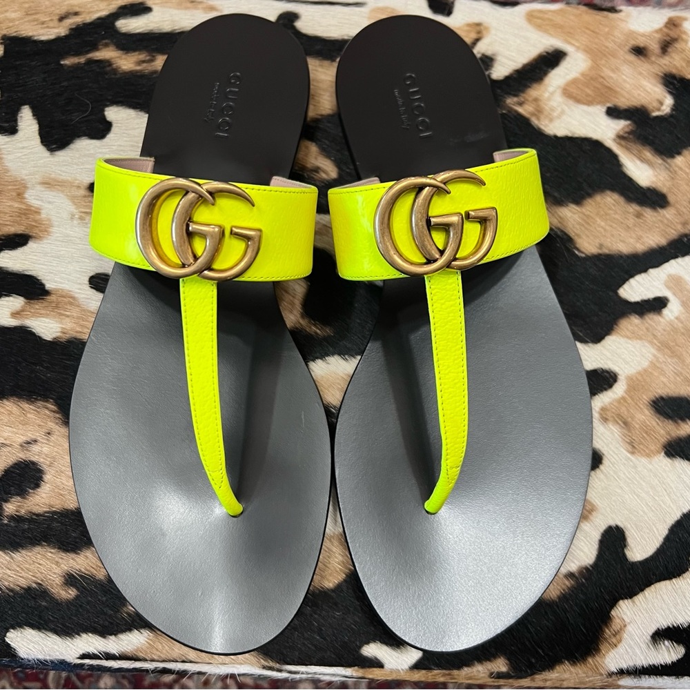 Gucci Neon Yellow Sandals with Gold Accents